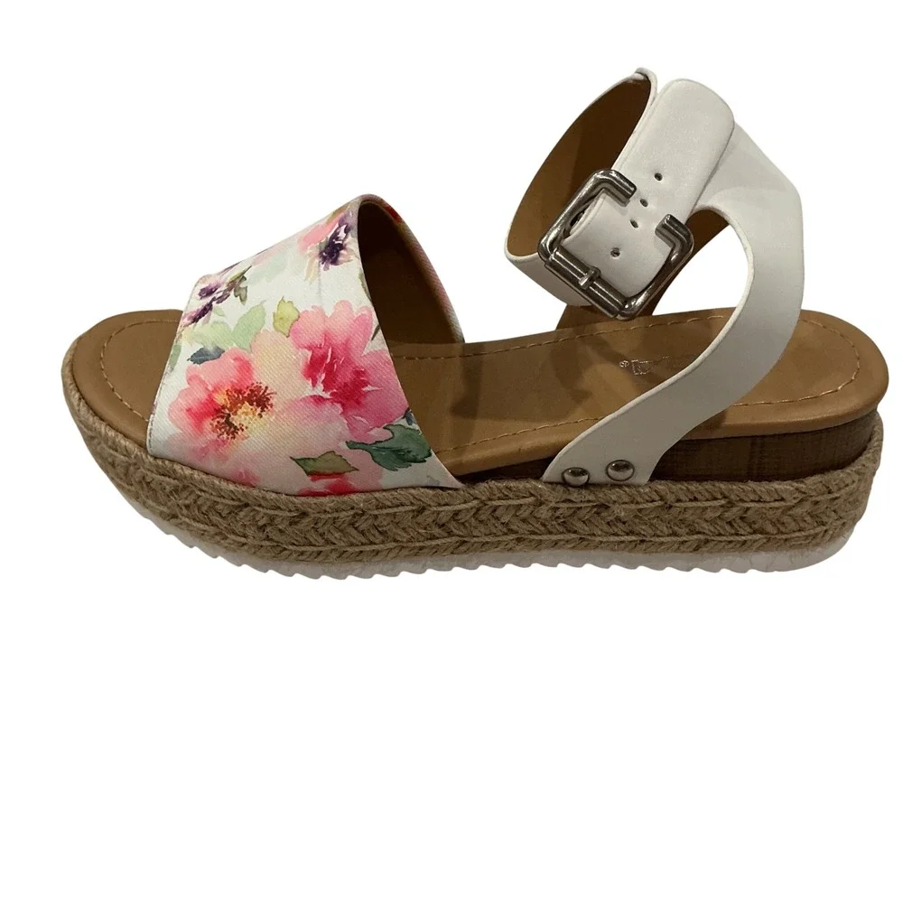 Soda Topic-S Womens Floral Espadrille Platform Wedge Sandals White Multi Size 7M
